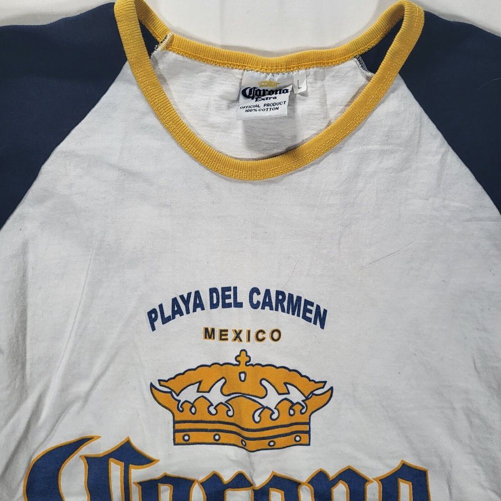 Corona Extra Men's Large (possibly Medium) White Crew Neck Tshirt‎ Blue Sleeves